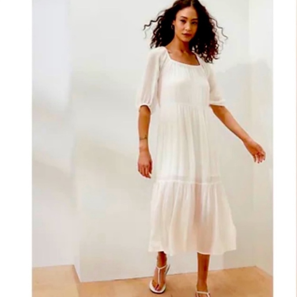 White Puff Sleeve Square Neck Midi Dress